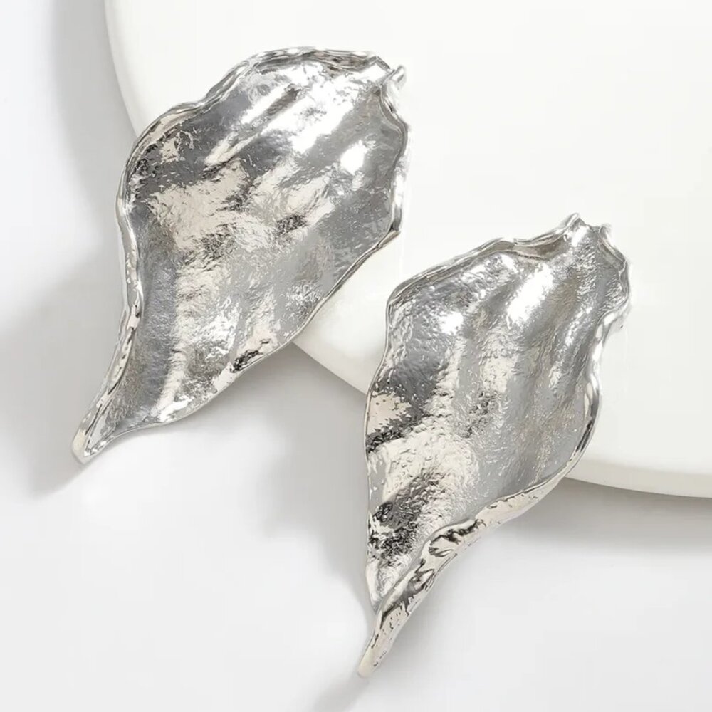 NEW Avant Garde Textured Silver Large Abstract Leaf Statement Earrings